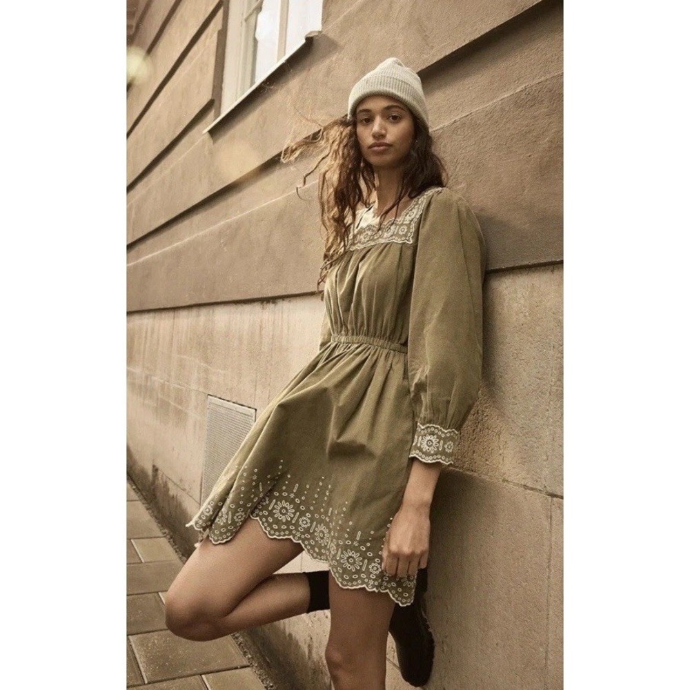 Madewell Embroidered Corduroy Square-Neck Mini‎ Dress Small Country Cottagecore